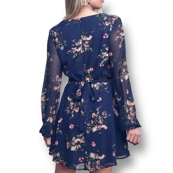 Lulus S Navy Floral Chiffon Long Sleeve Mini Dress Boho Cocktail Wedding Guest - Picture 7 of 9